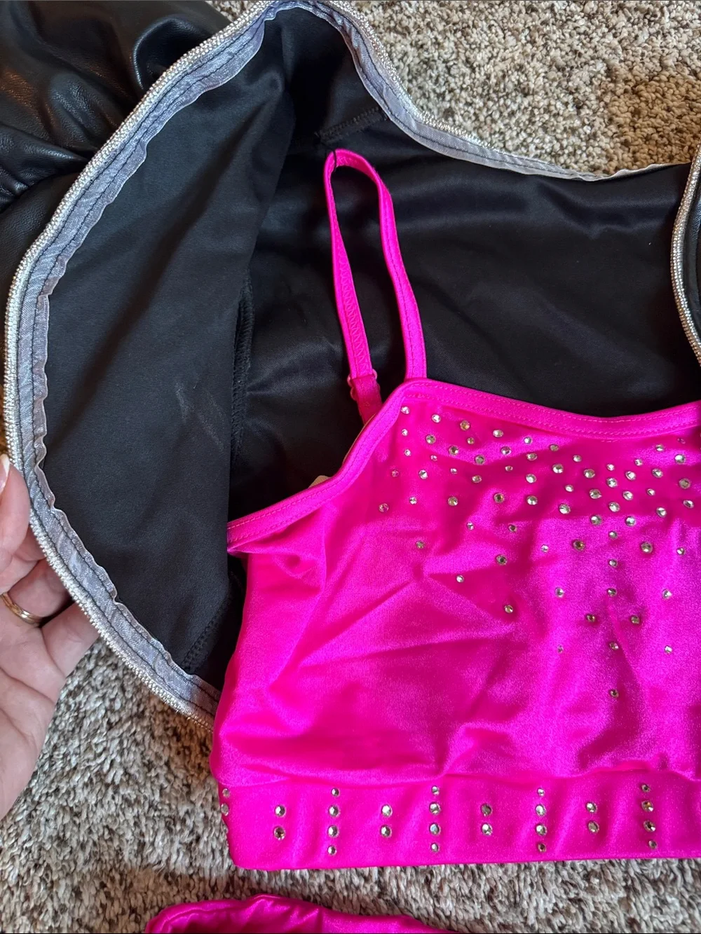 Weissman Black pleather and Hot Pink Dance Costume with puff sleeves style 17581